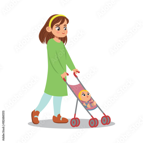 A girl is pushing a toy stroller with a doll vector on a white background.