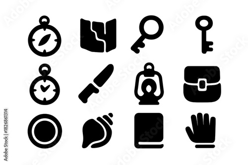 Exploration Finds Icons. Exploration Finds. Solid icon set of Exploration Finds: compass, map, magnifier, rusty key, pocket watch, knife, lantern, satchel,