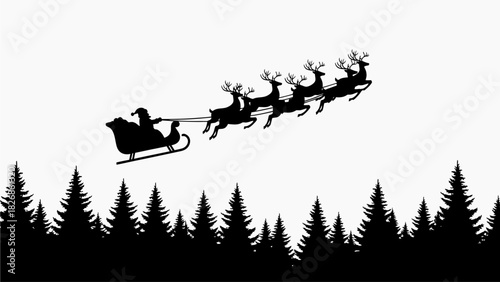 Christmas Eve Silhouette of Santa Claus Flying in Sleigh Pulled by Reindeer Over Forest