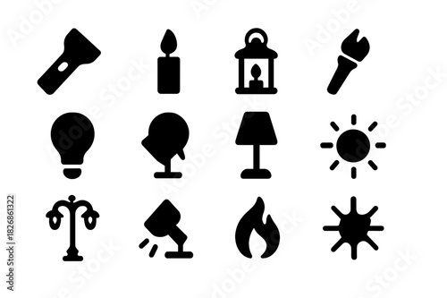 Night Illumination Icons. Night illumination. Solid icon set of Night illumination: flashlight, candle, lantern, torch, light bulb, spotlight, lamp, glowing
