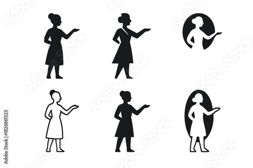 Hostess Logo Variations. Hostess. Icon set. Set Logo of Hostess: elegant figure greeting guests. harmonious logo variations of the same emblematic concept,
