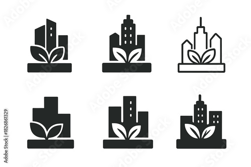 Urban Rooftop Garden Logos. Rooftop garden designs in big cities. Icon set. Set Logo of Rooftop garden designs in big cities: urban skyline roof garden.