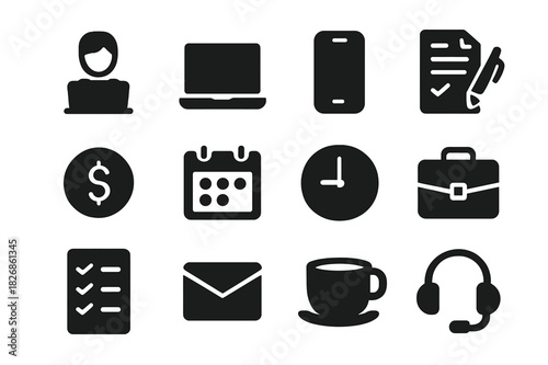 Freelance Icon Set. Freelance opportunities. Solid icon set of Freelance opportunities: freelancer, laptop, smartphone, contract, payment, calendar, clock,