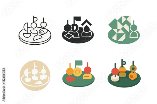 Appetizer Logos Grid. delicious appetizers. Icon set. Set Logo of delicious appetizers: platter with assorted finger foods. harmonious logo variations of the