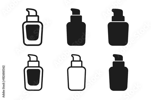 Elegant Makeup Icons. High-end makeup packaging. Icon set. Set Logo of High-end makeup packaging: glass foundation bottle with pump. harmonious logo variations