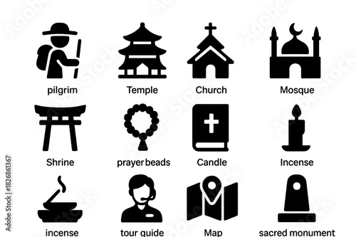 Pilgrimage Journey Icons. Pilgrimage journey. Solid icon set of Pilgrimage journey: pilgrim, temple, church, mosque, shrine, prayer beads, holy book, candle,