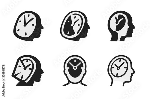 Time Dilation Logos. Time dilation and human perception. Icon set. Set Logo of time dilation and human perception: Clock with distorted perspective. harmonious