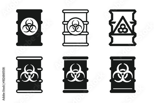 Toxic Waste Barrel Logos. toxic waste barrels. Icon set. Set Logo of toxic waste barrels: labeled barrel with biohazard sign. harmonious logo variations of the