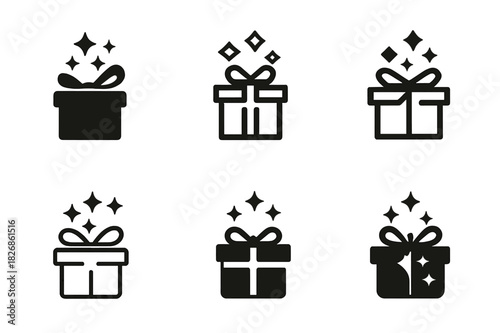 Gift Logo Variations. Present. Icon set. Set Logo of present: open gift revealing sparkles. harmonious logo variations of the same emblematic concept, each