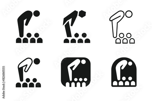 Standing Ovation Icons. standing ovation. Icon set. Set Logo of standing ovation: performer bowing to crowd. harmonious logo variations of the same emblematic