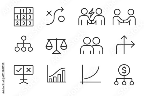 Game Theory Icons. Game Theory. Line icon set of Game Theory: payoff matrix, strategy icon, competition, cooperation, decision tree, equilibrium, players icon,