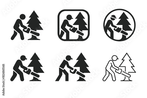Forestry Logos Collection. Loggers cutting trees in forests. Icon set. Set Logo of forestry work: chainsaw cutting log. harmonious logo variations of the same