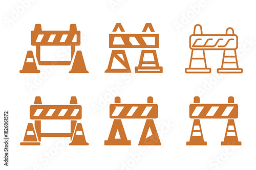 Evacuation Roadblock Icons. roadblock for evacuation. Icon set. Set Logo of roadblock for evacuation: traffic cones and caution tape. harmonious logo