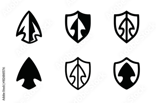 Offense vs Defense Logos. Offense vs Defense. Icon set. Set Logo of Offense vs Defense: arrowhead. harmonious logo variations of the same emblematic concept,