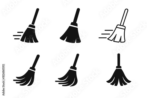 Cleanliness Logo Variations. Sweeping the Floor. Icon set. Set Logo of cleanliness: broom with motion trails. harmonious logo variations of the same emblematic