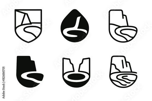 Coastal Cliffs Icons. Coastal cliffs and rugged shorelines. Icon set. Set Logo of Coastal cliffs and rugged shorelines: tidal pool. harmonious logo variations