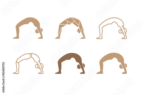 Pilates Logo Variations. Pilates and Stretching. Icon set. Set Logo of fitness balance: person in pilates bridge pose. harmonious logo variations of the same