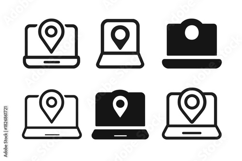 Work Anywhere Icons. work from anywhere. Icon set. Set Logo of work from anywhere: location marker on screen. harmonious logo variations of the same emblematic