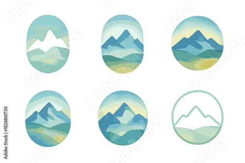 Watercolor Landscape Logos. Watercolor Landscape Painting. Icon set. Set Logo of Watercolor Landscape Painting: mountain range. harmonious logo variations of