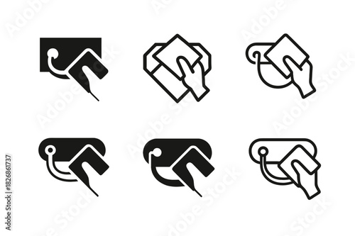 Vintage Craftsmanship Icons. Restoring antique furniture and home items. Icon set. Set Logo of vintage craftsmanship: drawer handle and polish cloth.