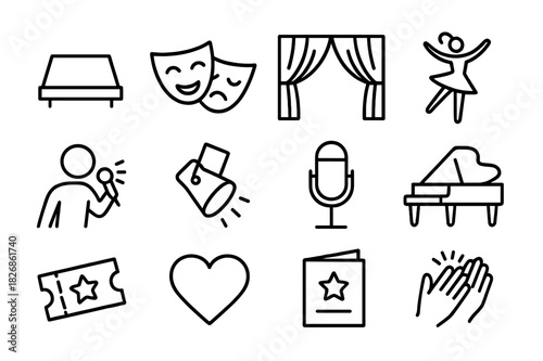 Performance Art Icons. Performance art. Line icon set of performance art: stage, mask, curtain, dancer, singer, spotlight, microphone, piano, ticket, heart,