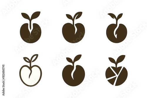 Germination Icon Variations. How seeds germinate. Icon set. Set Logo of How seeds germinate: seed coat cracking open. harmonious logo variations of the same