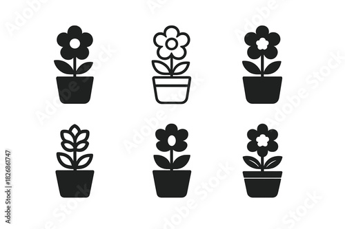 Potted Plant Logos. potted plants. Icon set. Set Logo of potted plants: flower in ceramic pot. harmonious logo variations of the same emblematic concept, each