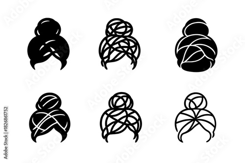 Tangled Hair Icons. Tangled hair. Icon set. Set Logo of tangled hair: Messy hair bun silhouette. harmonious logo variations of the same emblematic concept,