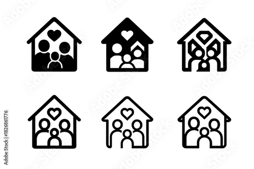 Homeless Family Icons. Homeless family. Icon set. Set Logo of homeless family: home outline with heart. harmonious logo variations of the same emblematic