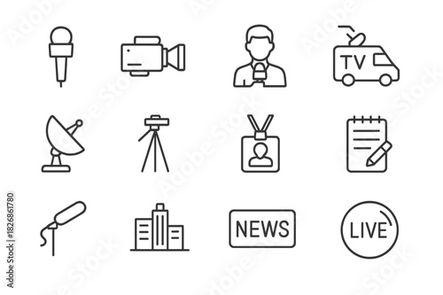 TV News Icons. TV journalists on location. Line icon set of TV journalists on location: microphone, camera, reporter, TV van, satellite dish, tripod, press