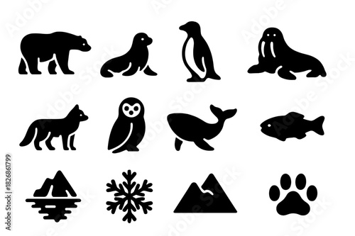 Arctic Wildlife Icons. Arctic wildlife. Solid icon set of arctic wildlife: polar bear, seal, penguin, walrus, arctic fox, snowy owl, whale, fish, iceberg,