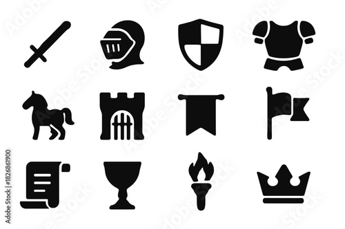 Knights Icon Set. Knights of the Realm. Solid icon set of Knights of the Realm: sword, helmet, shield, armor, horse, castle gate, banner, flag, scroll,