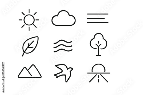 Calm Weather Icon Set. Calm weather. Line icon set of calm weather: sun, cloud, fog, leaf, wave, tree, mountain, bird, droplet, grass, road, horizon. All