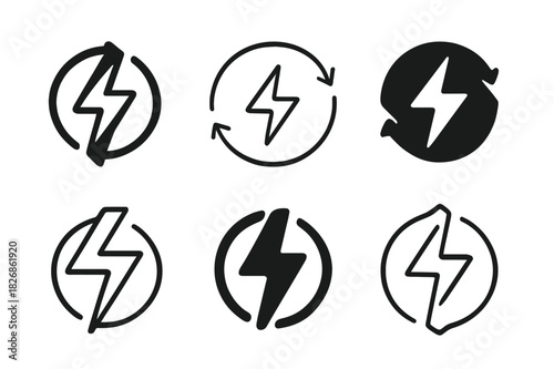 Electricity Flow Icons. How electricity flows. Icon set. Set Logo of how electricity flows: energy flow arrows. harmonious logo variations of the