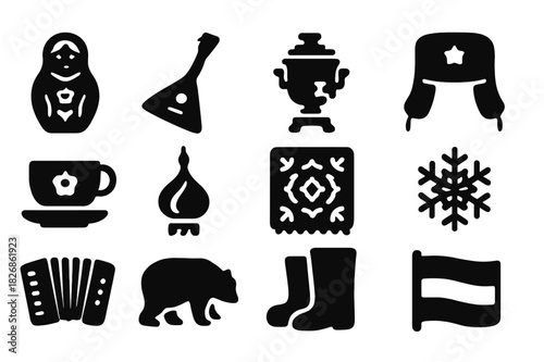 Russian Culture Icons. Russian Culture. Solid icon set of Russian Culture: matryoshka doll, balalaika, samovar, fur hat, tea cup, cathedral dome, scarf