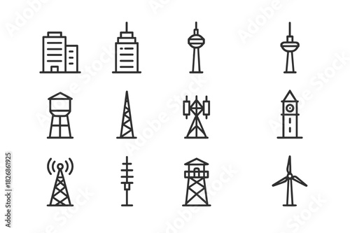 Tower Icon Set. Multi-use tower icons. Line icon set of Multi-use tower icons: mixed-use high-rise, office skyscraper, communication tower, observation tower,