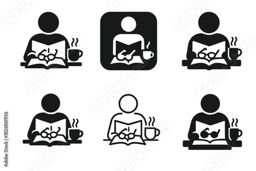 Self-Help Reading Icons. A person reading a self-help book at a cafe or library. Icon set. Set Logo of A person reading a self-help book at a cafe or library: