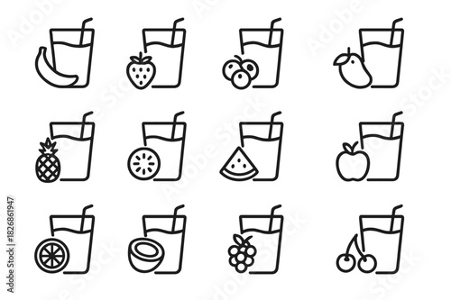 Fruit Smoothie Icons. Fruit smoothies. Line icon set of fruit smoothies: banana, strawberry, blueberry, mango, pineapple, kiwi, watermelon, apple, orange,