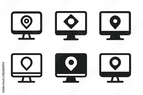 Work Anywhere Icons. work from anywhere. Icon set. Set Logo of work from anywhere: location marker on screen. harmonious logo variations of the same emblematic