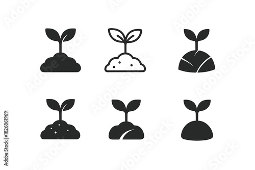 Diverse Soil Logos. soil. Icon set. Set Logo of soil: seed sprouting from soil. harmonious logo variations of the same emblematic concept, each with different