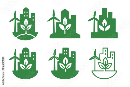 Sustainable Urbanism Logos. Green cities. Icon set. Set Logo of sustainable urbanism: clean energy community. harmonious logo variations of the same emblematic