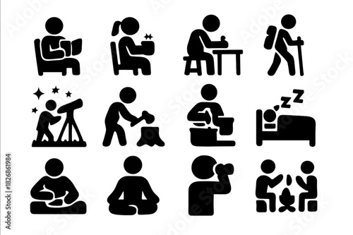 Cabin Activity Icons. Activities at the cabin. Solid icon set of Activities at the cabin: reading, sipping coffee, sketching, hiking, stargazing, chopping