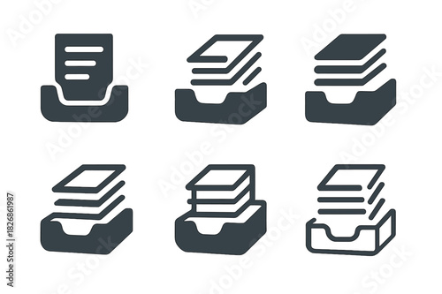 Outgoing Mail Icons. Outgoing mail tray. Icon set. Set Logo of outgoing mail tray: document stack leaving tray. harmonious logo variations of the
