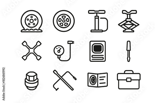 Flat Tire Essentials. Flat Tire Kit. Line icon set of Flat Tire Kit: flat tire, spare tire, tire inflator, jack, wrench, air gauge, patch kit, screwdriver, lug