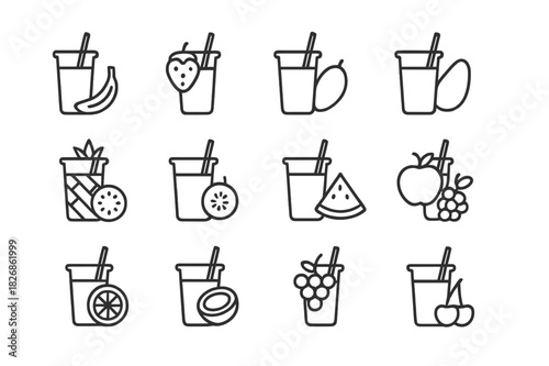 Fruit Smoothie Icons. Fruit smoothies. Line icon set of fruit smoothies: banana, strawberry, blueberry, mango, pineapple, kiwi, watermelon, apple, orange,
