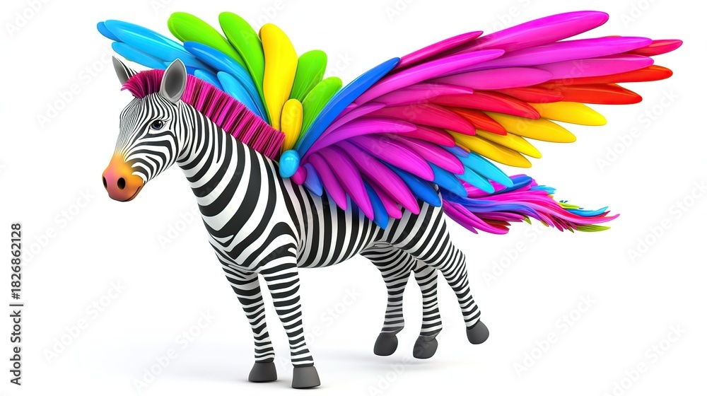 Naklejka premium A Zebra with Rainbow Wings: A Fantastical Multicolored Winged Creature of Whimsical Proportions
