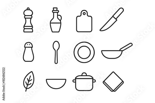 Gourmet Kitchen Icons. Gourmet kitchen. Line icon set of gourmet kitchen: pepper grinder, olive oil bottle, cutting board, knife, salt shaker, spoon, plate,