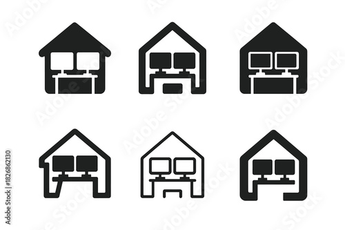 Home Office Icons. redesigning a home office space. Icon set. Set Logo of redesigning a home office space: dual monitor setup. harmonious logo variations of