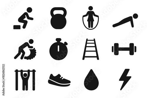 Cross Training Icons. Cross training. Solid icon set of cross training: box jump, kettlebell, rope skipping, burpee pose, tire flip, stopwatch, speed ladder,