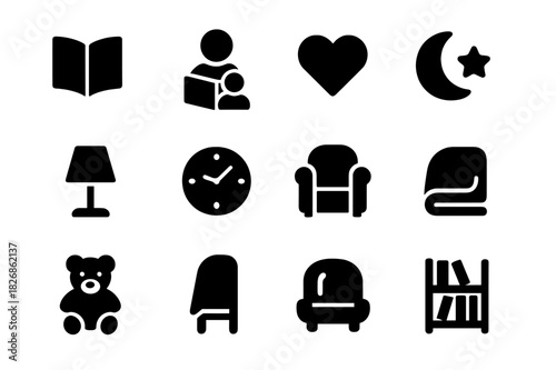Family Storytime Icons. Family storytime. Solid icon set of family storytime: book, parent, child, heart, moon, star, lamp, clock, chair, blanket, teddy bear,